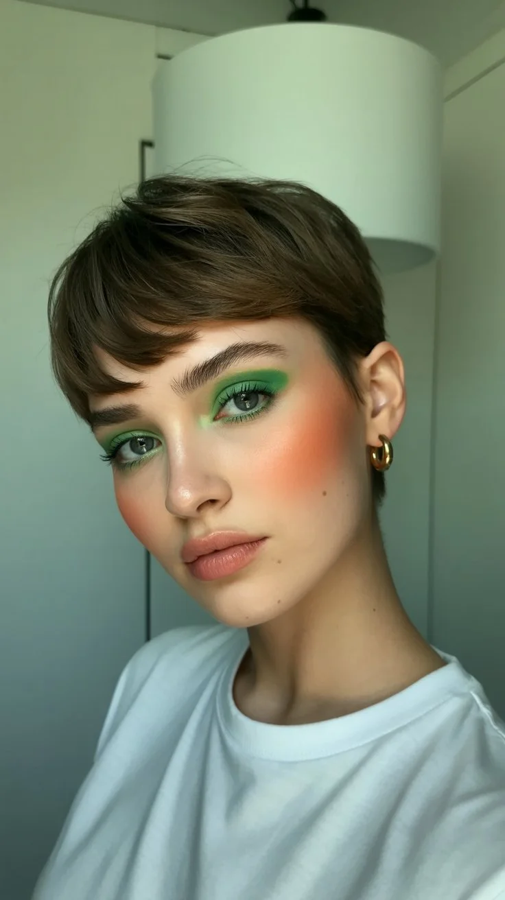 cute summer short hairstyles 2026 ultra short pixie with bold makeup contrast for a modern edge