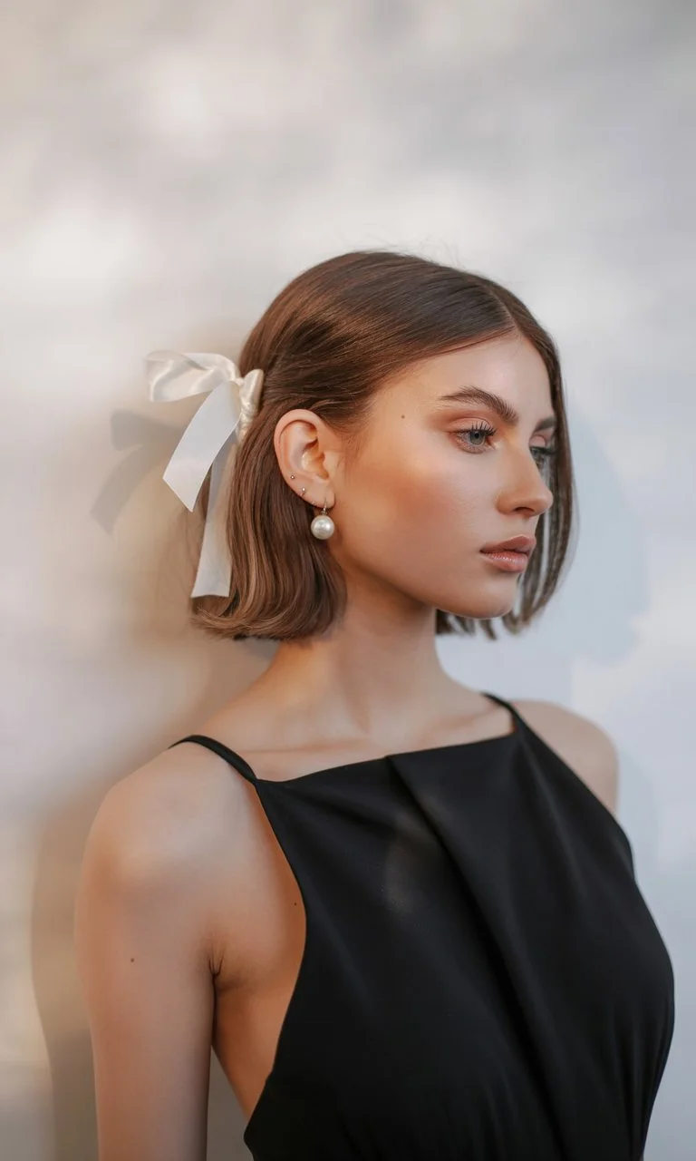 cute summer short hairstyles 2026 minimalist sleek bob with ribbon detail