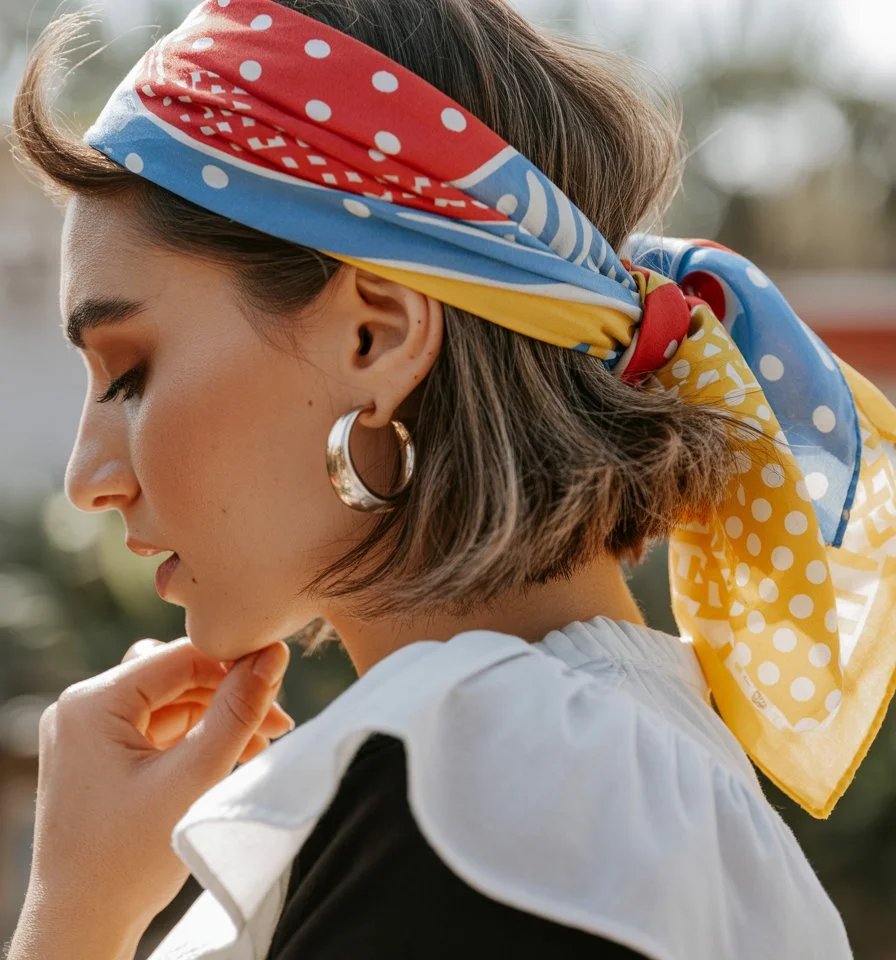 cute summer short hairstyles 2026 playful scarf wrap on short bob for summer days