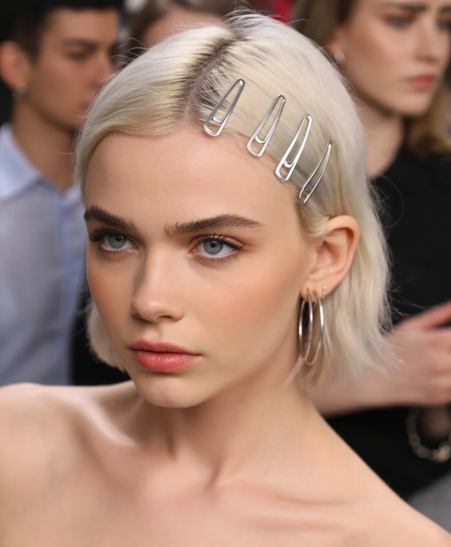 cute summer short hairstyles 2026 minimal platinum bob styled with sleek hair clips
