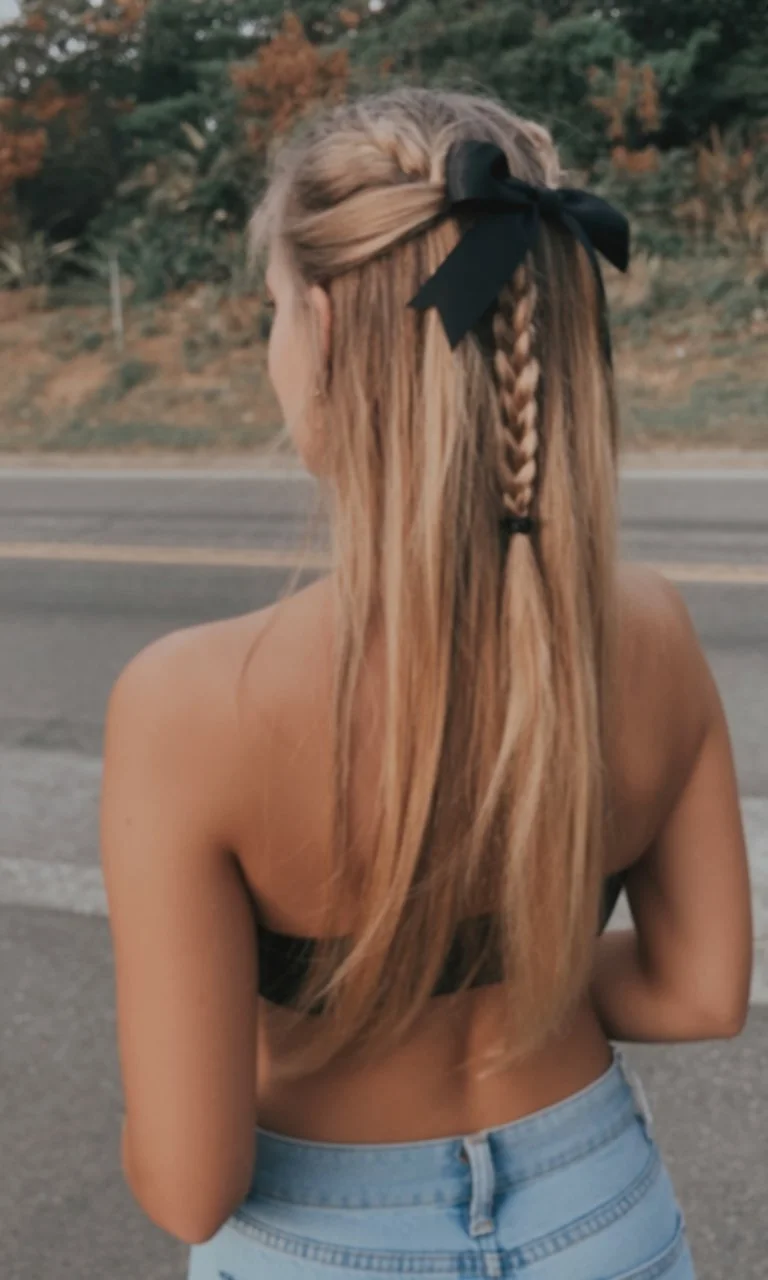 effortless summer quick hairstyles 2026 Half up braid with ribbon accent on long hair