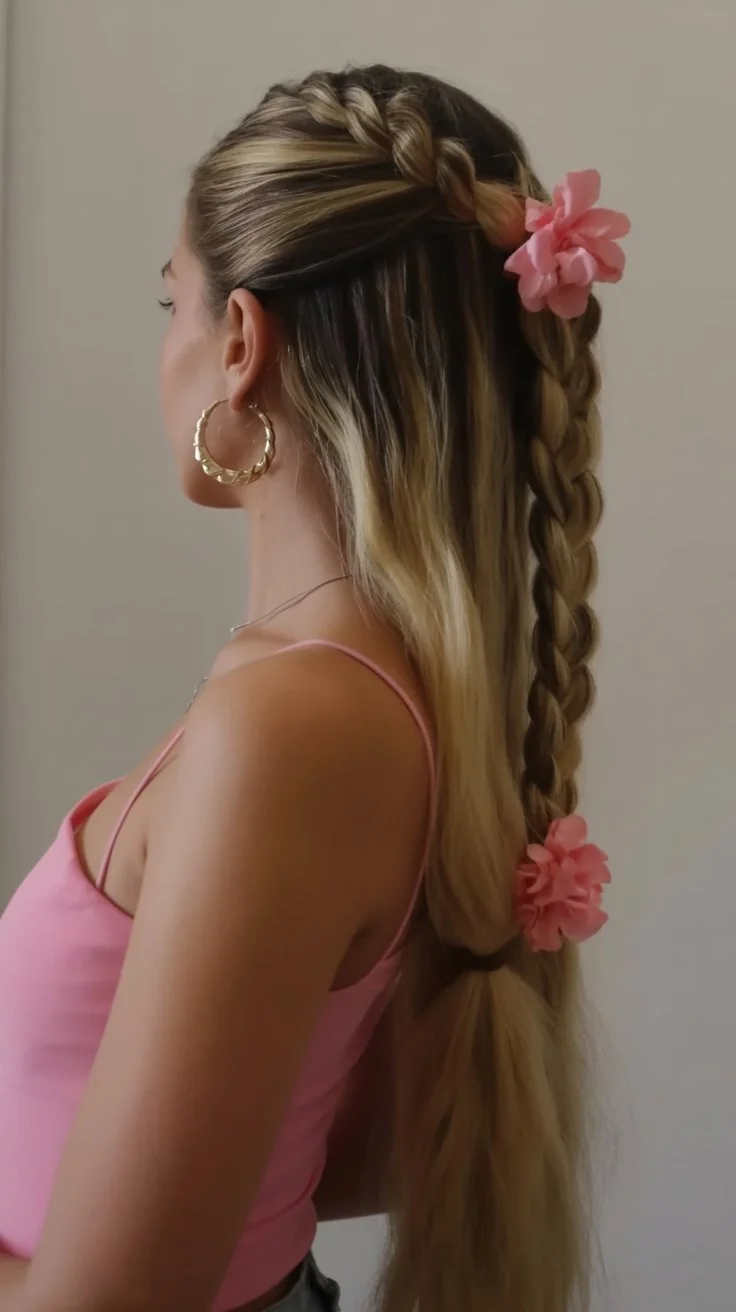 effortless summer quick hairstyles 2026 Half up braid with floral accents