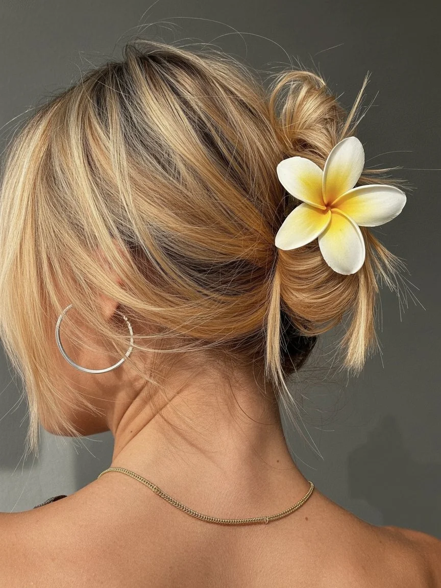 effortless summer quick hairstyles 2026 Low messy bun with soft floral accent