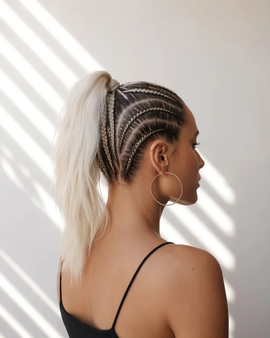 effortless summer quick hairstyles 2026 High braided ponytail with structured cornrow base