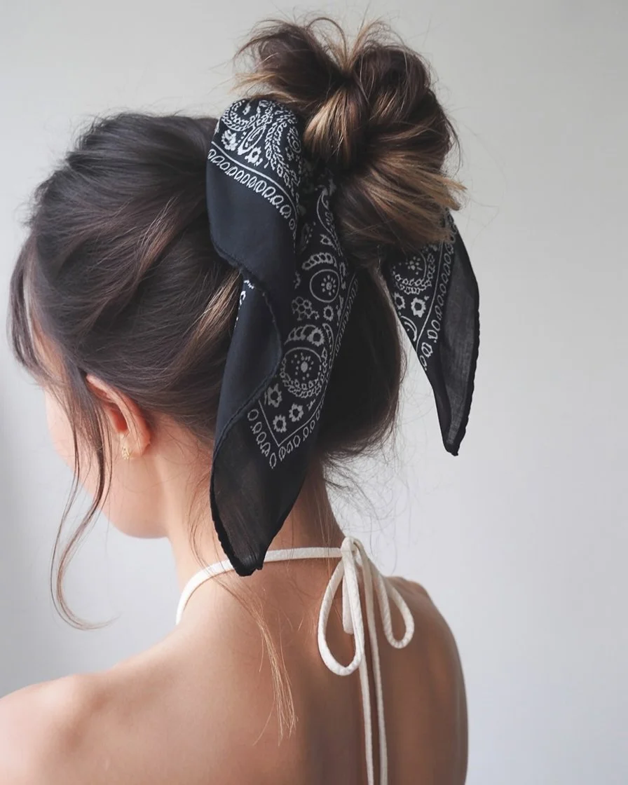 effortless summer quick hairstyles 2026 Soft messy bun with bandana tie detail
