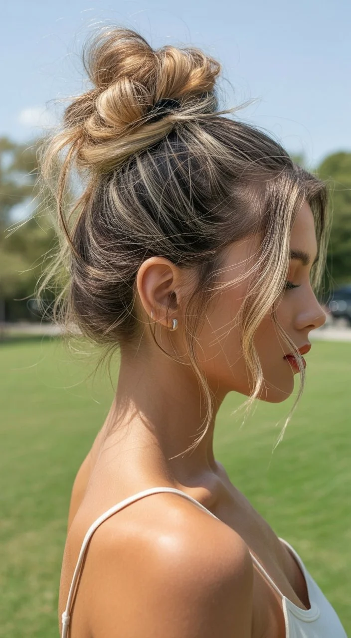 effortless summer quick hairstyles 2026 Loose messy bun with face framing strands