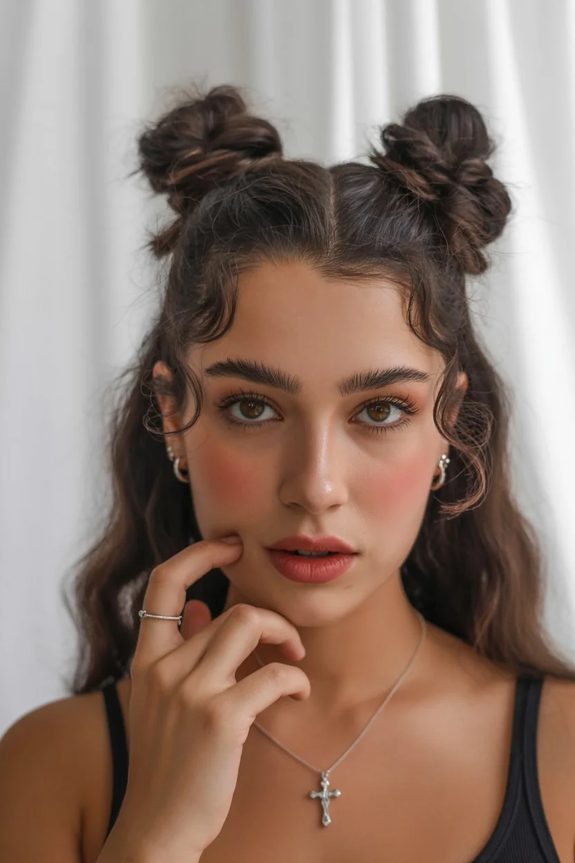 effortless summer quick hairstyles 2026 Double mini buns with soft face framing curls