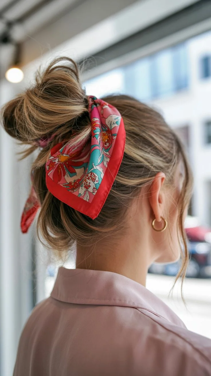 elegant summer updo hairstyles 2026 messy bun silk scarf