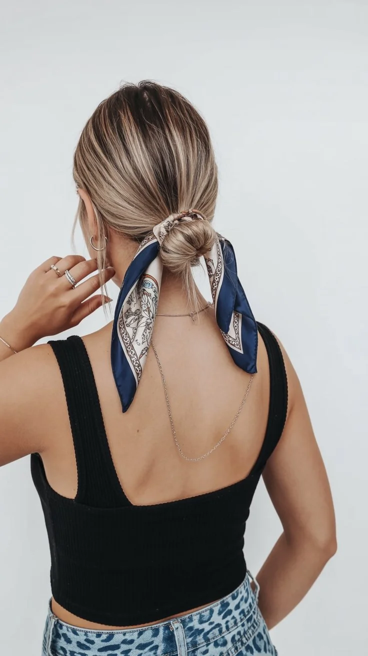 elegant summer updo hairstyles 2026 low bun silk scarf detail