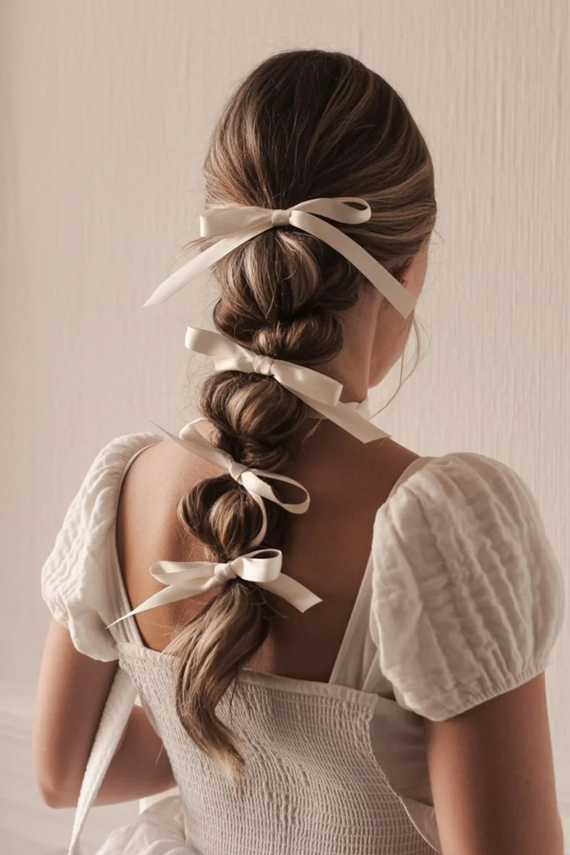 elegant summer updo hairstyles 2026 soft bubble braid ribbons