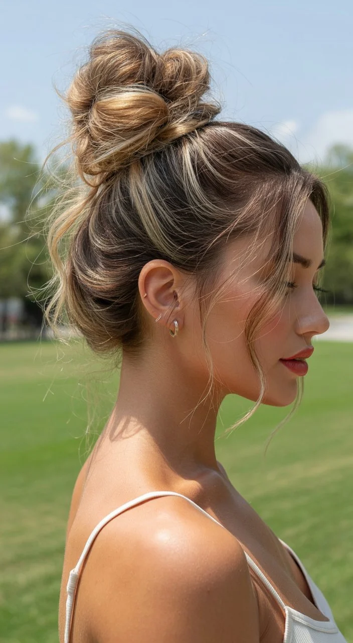 elegant summer updo hairstyles 2026 messy textured bun sunlit highlights