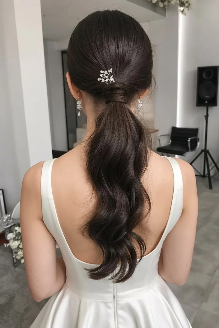 elegant summer wedding guest hairstyles 2026 Romantic Low Ponytail With Soft Hollywood Waves