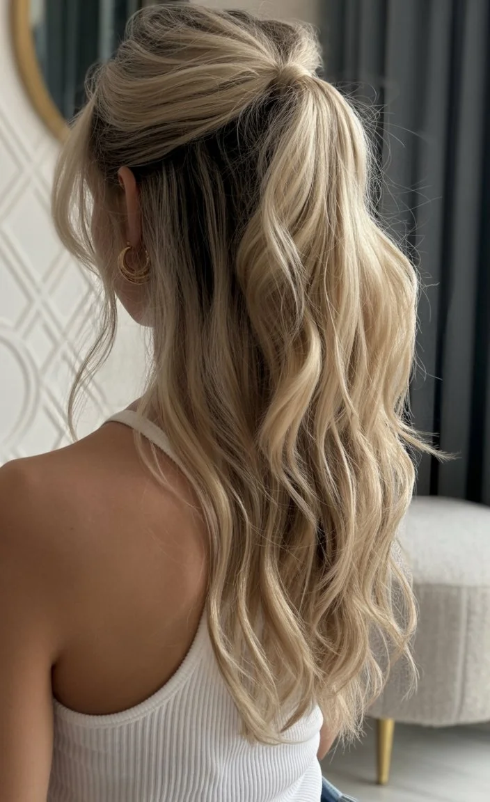 elegant summer wedding guest hairstyles 2026 Soft Half Up Ponytail With Airy Blonde Waves