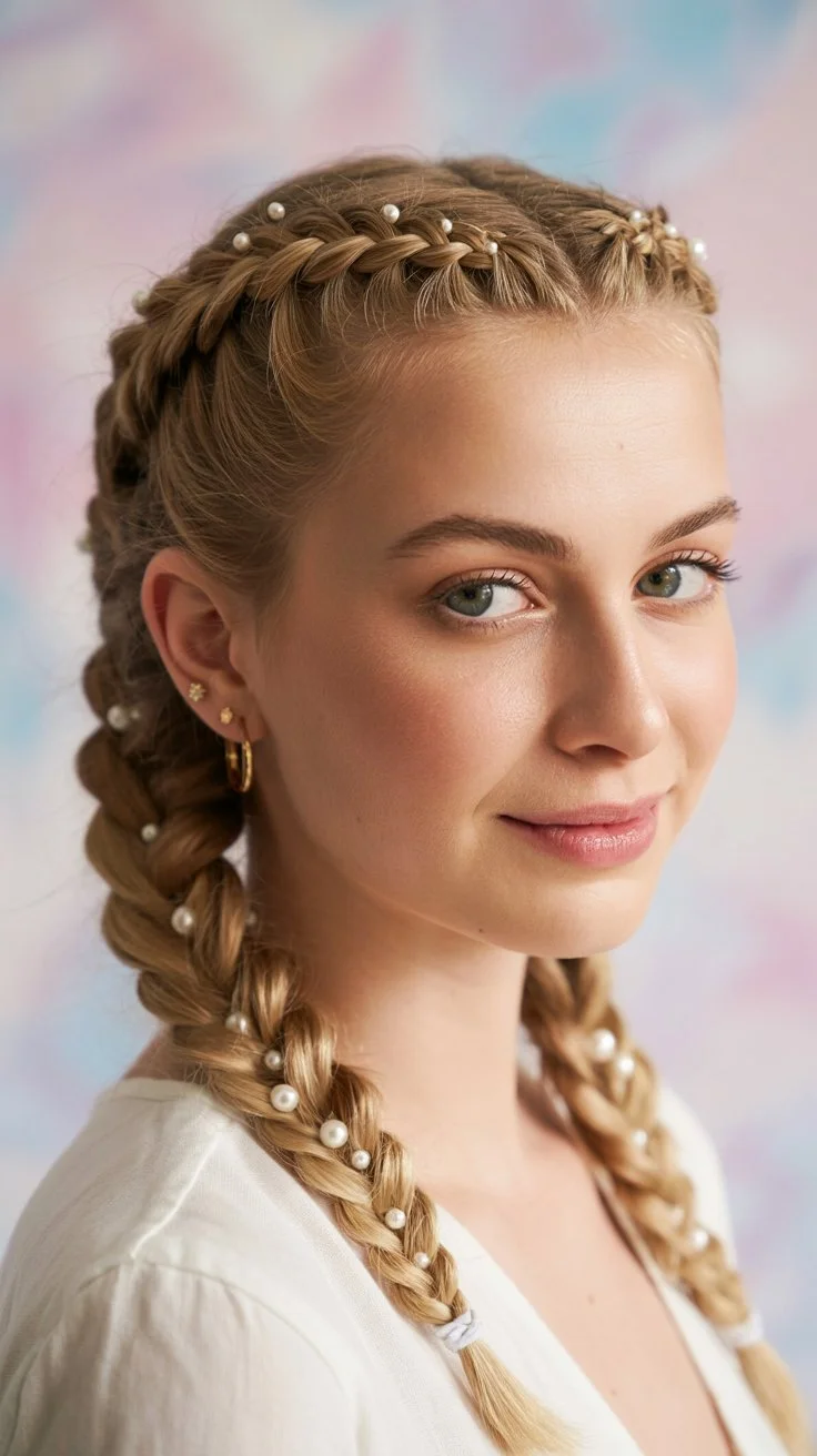 elegant summer wedding guest hairstyles 2026 Pearl Detailed Double Braids With Feminine Charm