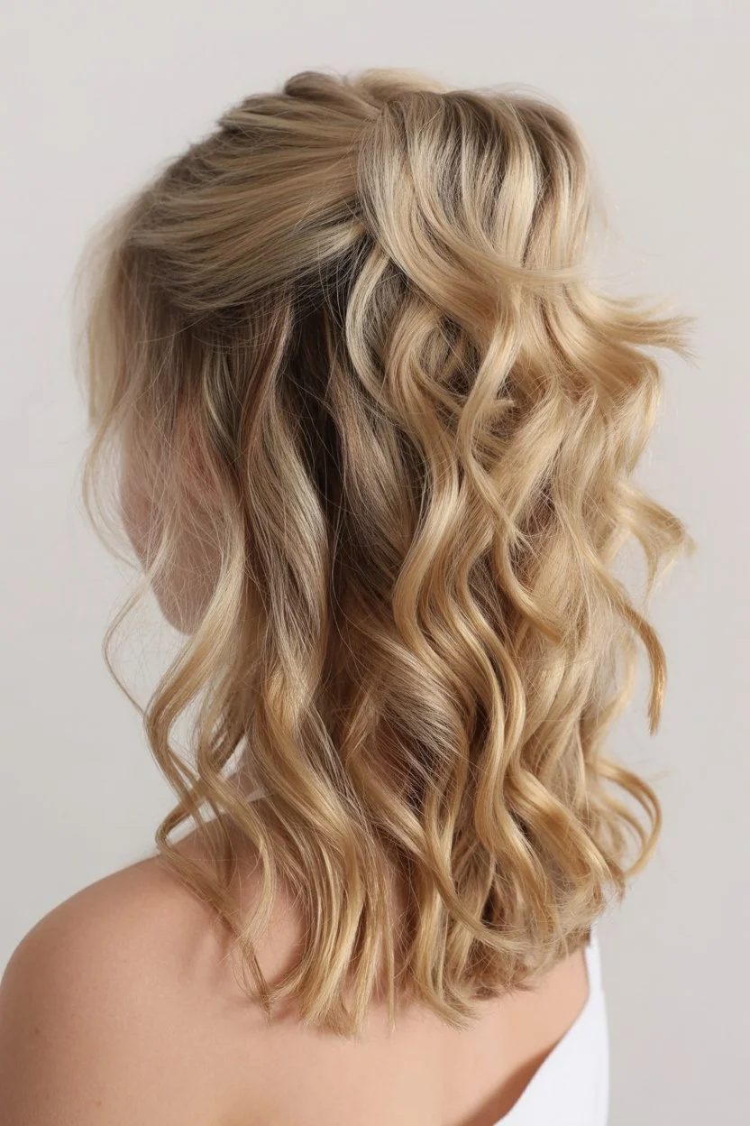elegant summer wedding guest hairstyles 2026 Soft Half Up Waves With Airy Blonde Texture