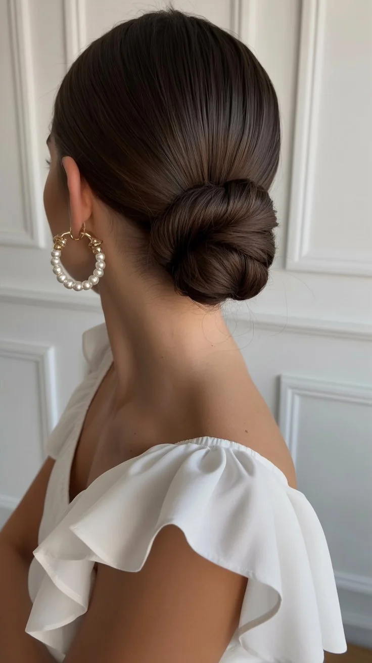 elegant summer wedding guest hairstyles 2026 Classic Sleek Chignon With Pearl Statement Earrings