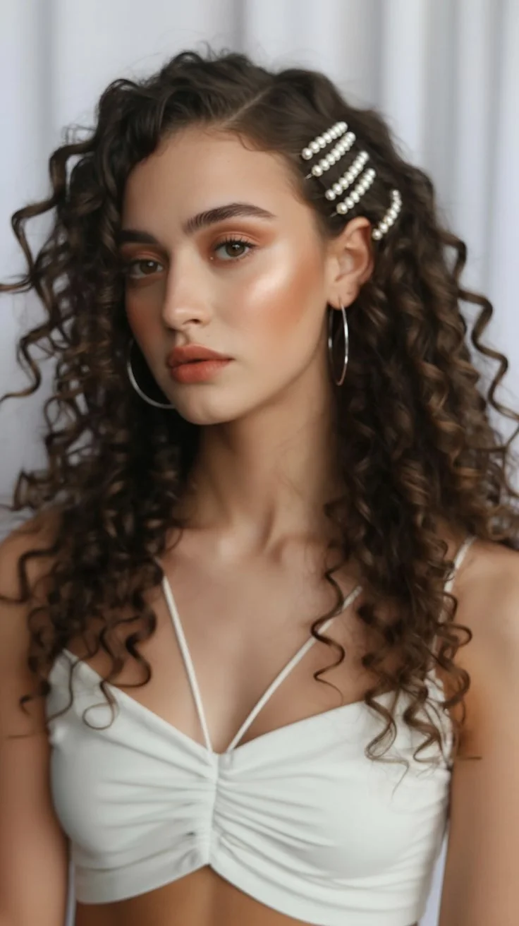 elegant summer wedding guest hairstyles 2026 Defined Natural Curls With Pearl Hair Clips