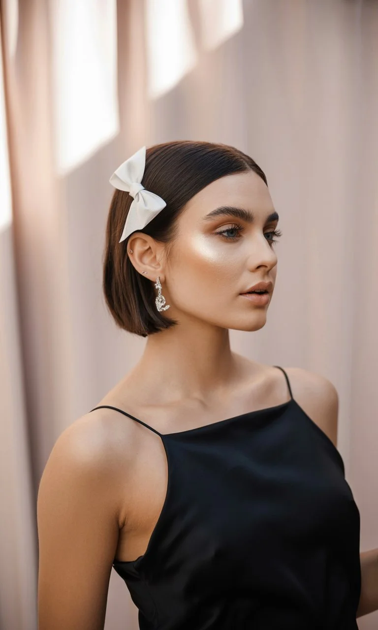 elegant summer wedding guest hairstyles 2026 Glossy Short Bob With Statement Bow