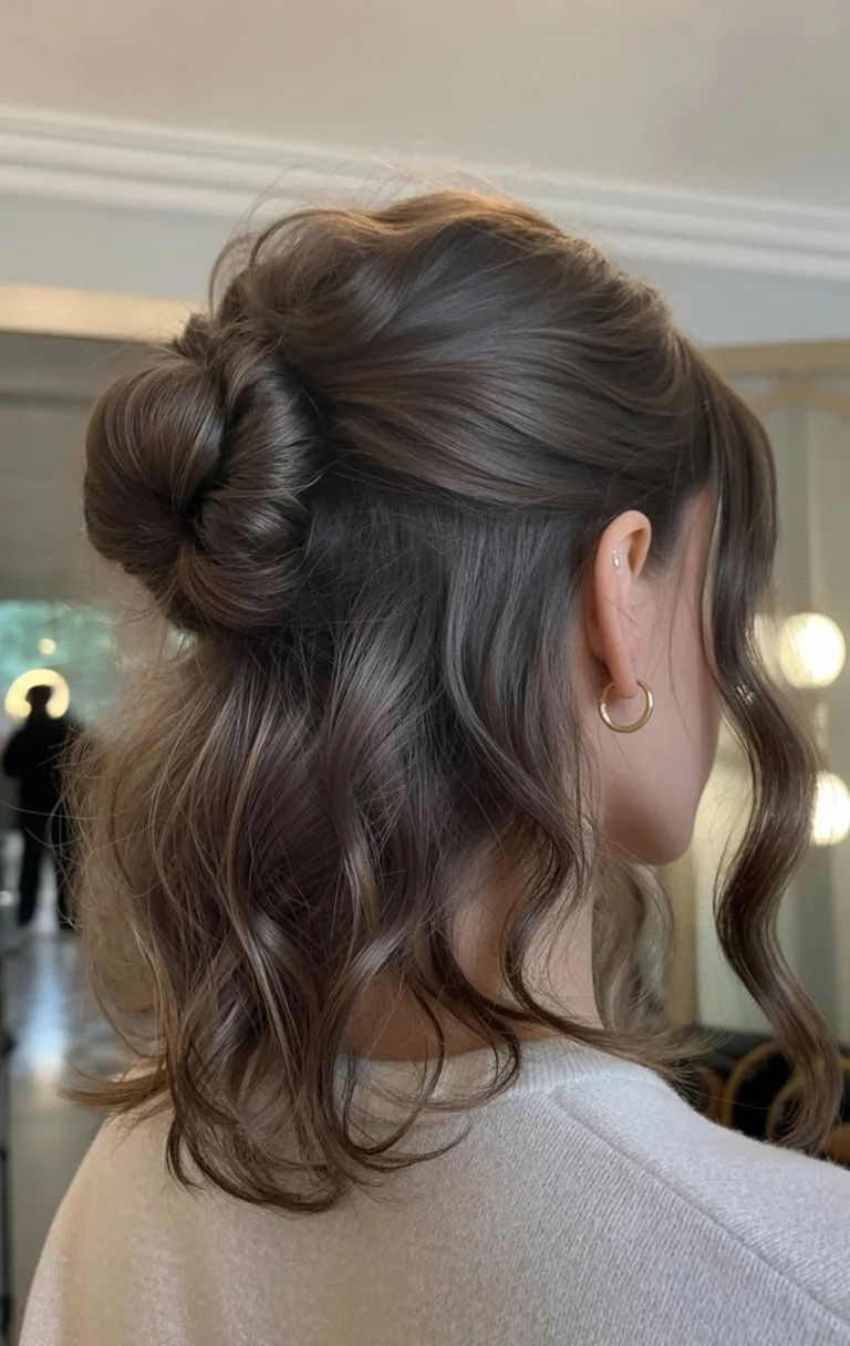 elegant summer wedding guest hairstyles 2026 Half Up Bun With Loose Romantic Waves