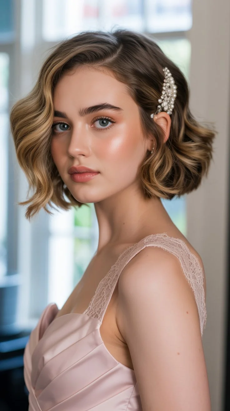 elegant summer wedding guest hairstyles 2026 Vintage Inspired Wavy Bob With Pearl Clip