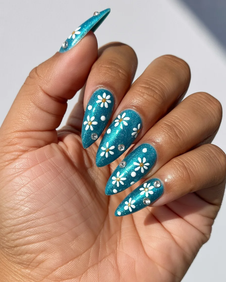 funky summer nails 2026 Turquoise Daisy Glam with Sparkling Details
