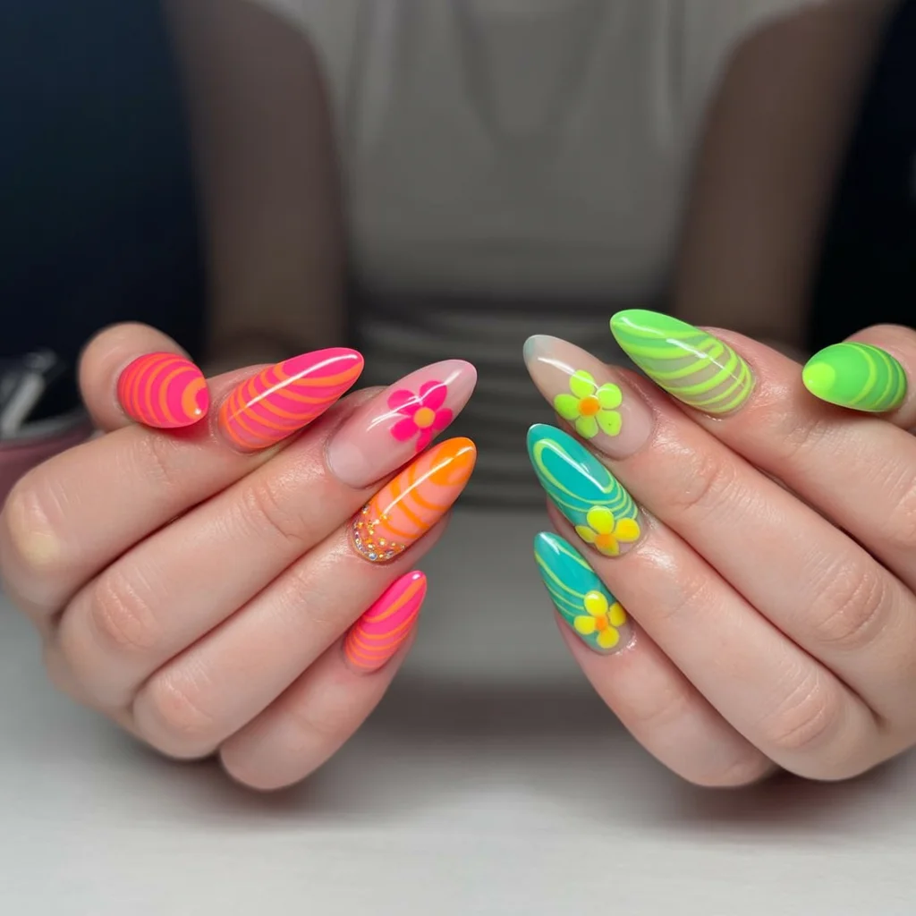 funky summer nails 2026 Neon Flower Power in Full Bloom