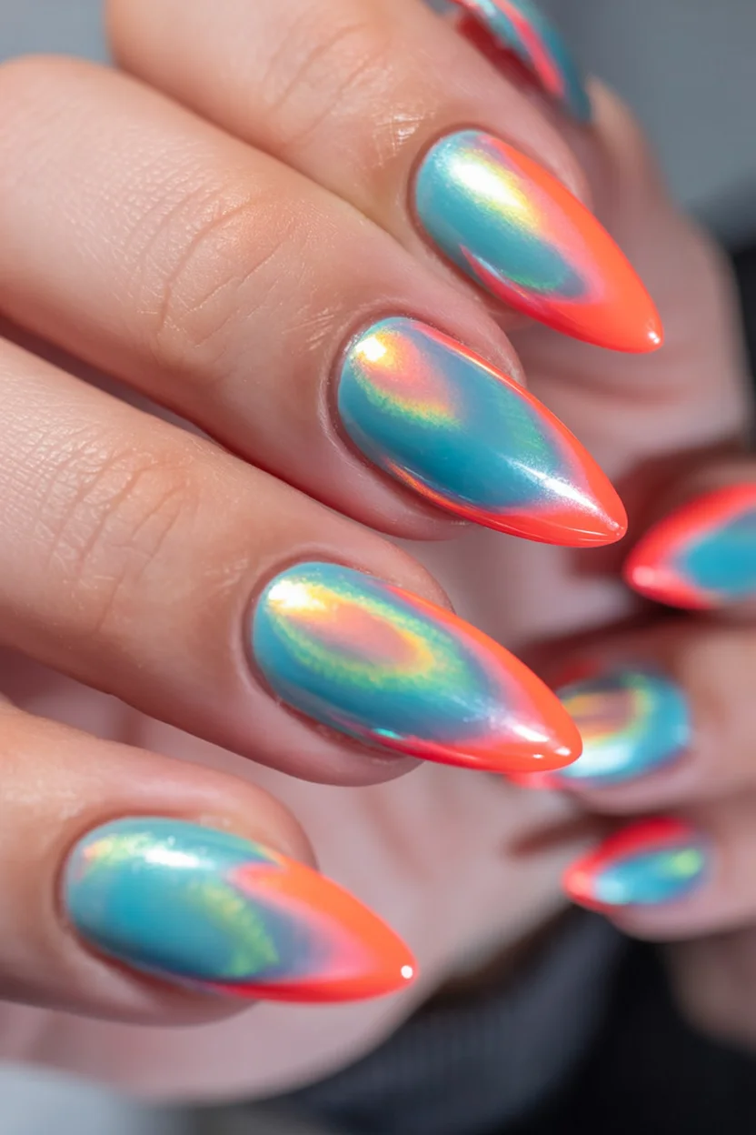 funky summer nails 2026 Holographic Sunset Chrome Dreams