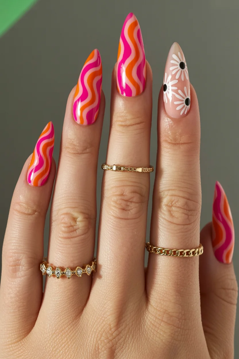 funky summer nails 2026 Groovy Daisy Waves with Retro Flower Power
