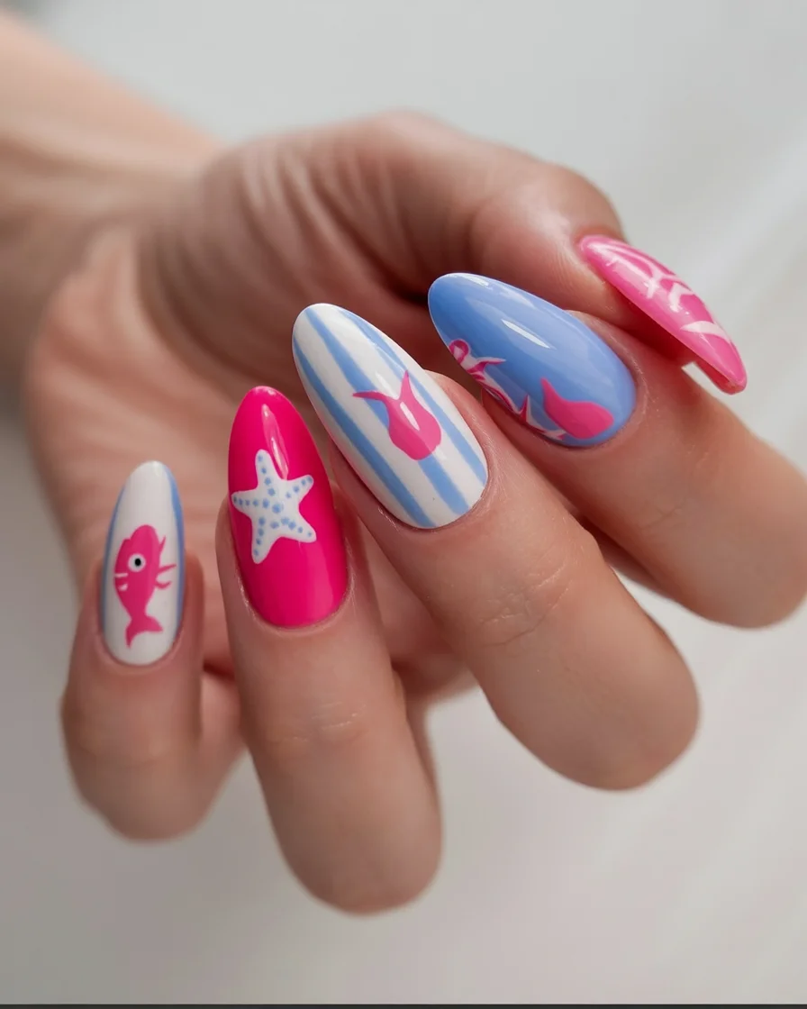 funky summer nails 2026 Pink Ocean Pop with Playful Coastal Charm