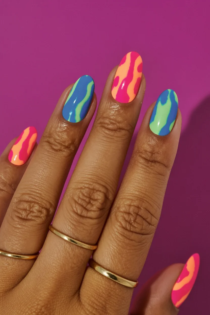 funky summer nails 2026 Neon Melt Waves with Retro Club Energy