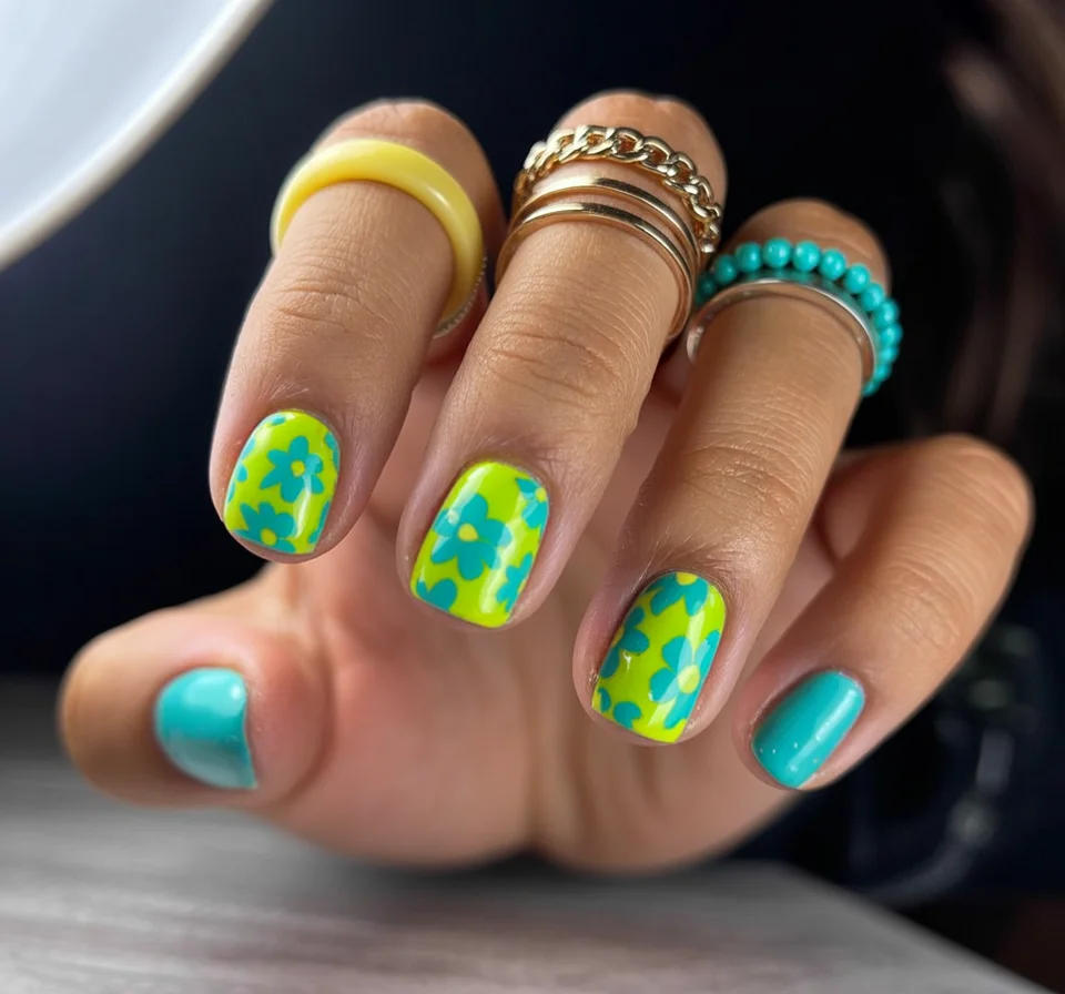 funky summer nails 2026 Retro Flower Power in Lime and Turquoise