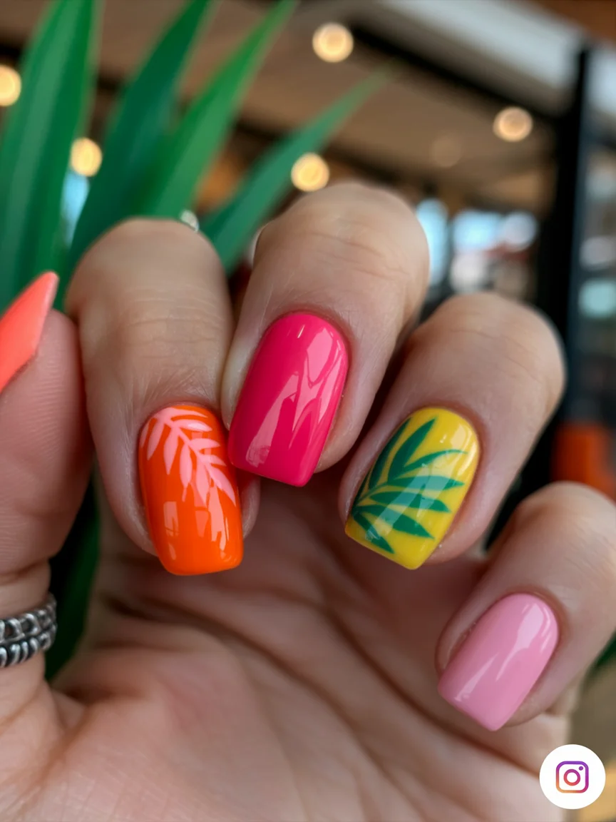 funky summer nails 2026 Tropical Sunset Color Blocking