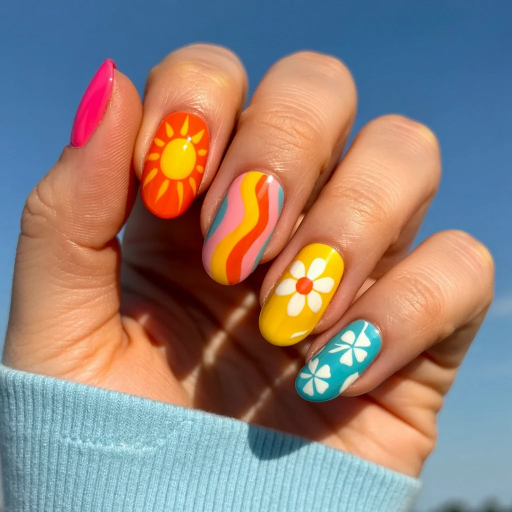 funky summer nails 2026 Retro Sunshine and Rainbow Daydreams