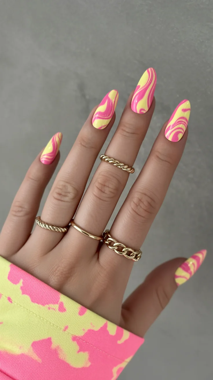 funky summer nails 2026 Electric Pink and Lemon Marble Waves