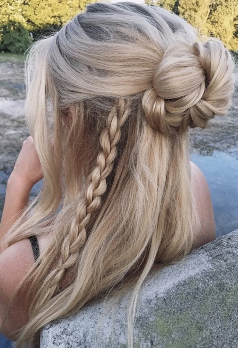 June hairstyles ideas 2026 Soft Blonde Half Up Bun with Loose Braids