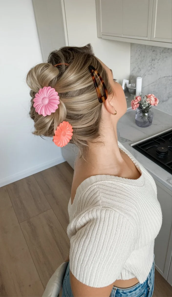 June hairstyles ideas 2026 Messy Summer Updo with Floral Clips