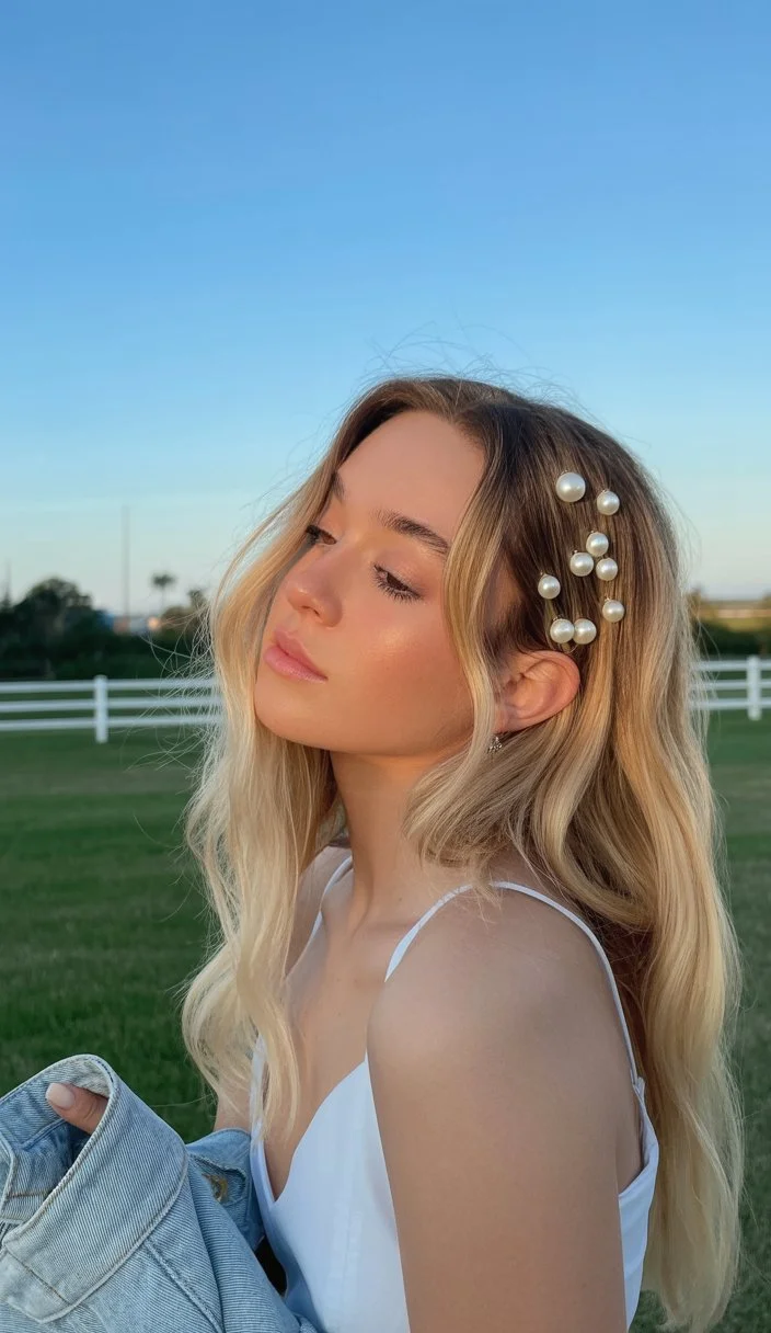 June hairstyles ideas 2026 Pearl Hair Clips with Loose Blonde Waves