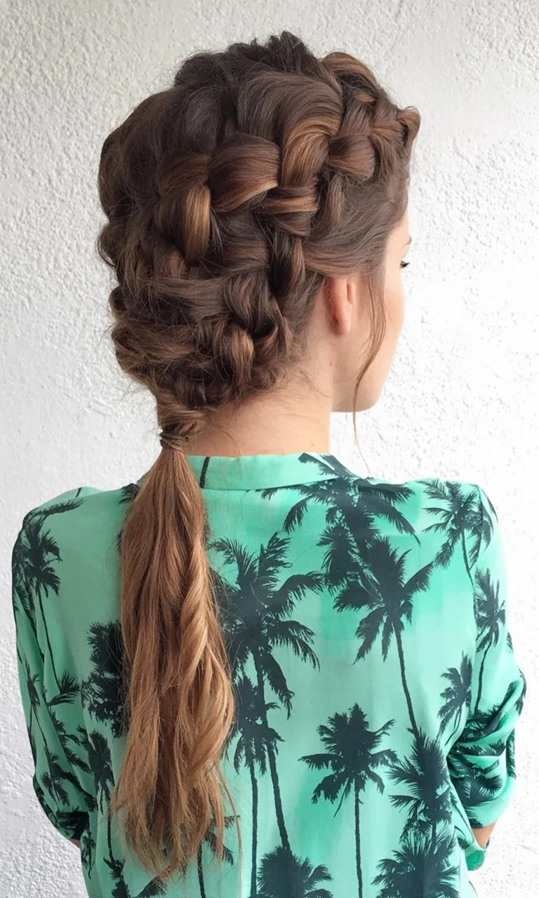 June hairstyles ideas 2026 Voluminous Braided Ponytail with Tropical Energy