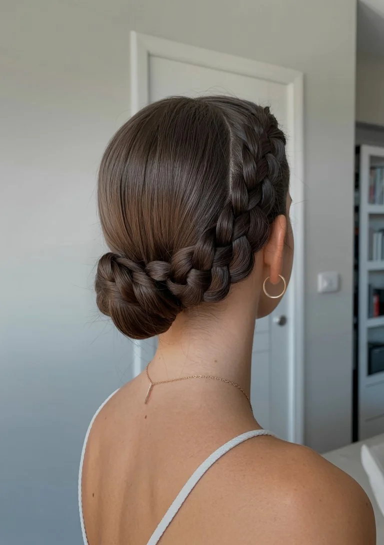 June hairstyles ideas 2026 Braided Crown Low Bun for Elegant Summer Nights