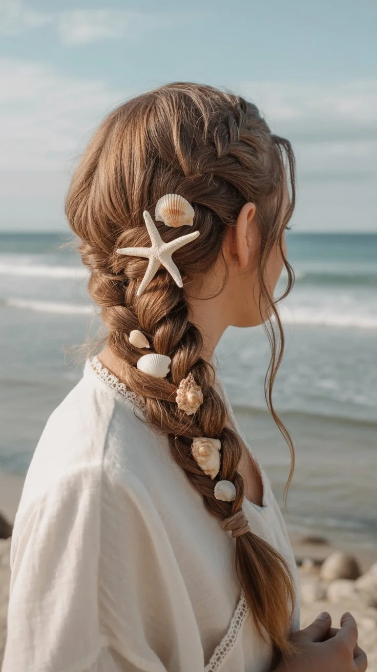 June hairstyles ideas 2026 Boho Beach Braid with Seashell Details