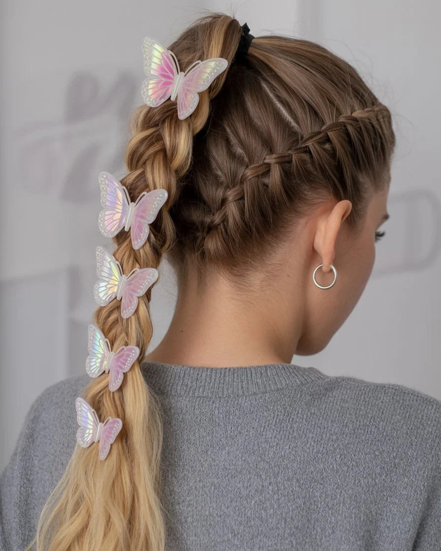 June hairstyles ideas 2026 Butterfly Braided Ponytail with Soft Volume