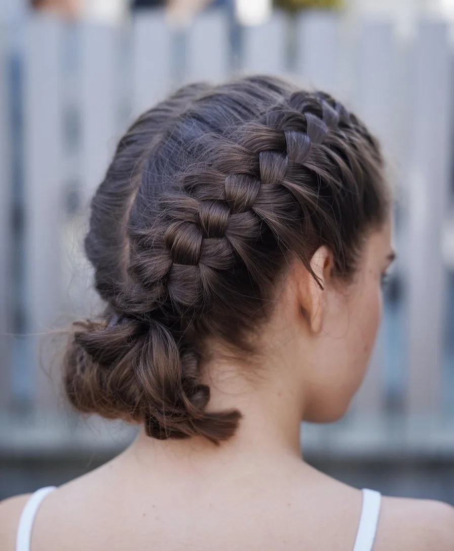 June hairstyles ideas 2026 Double Dutch Braids with a Low Twisted Bun