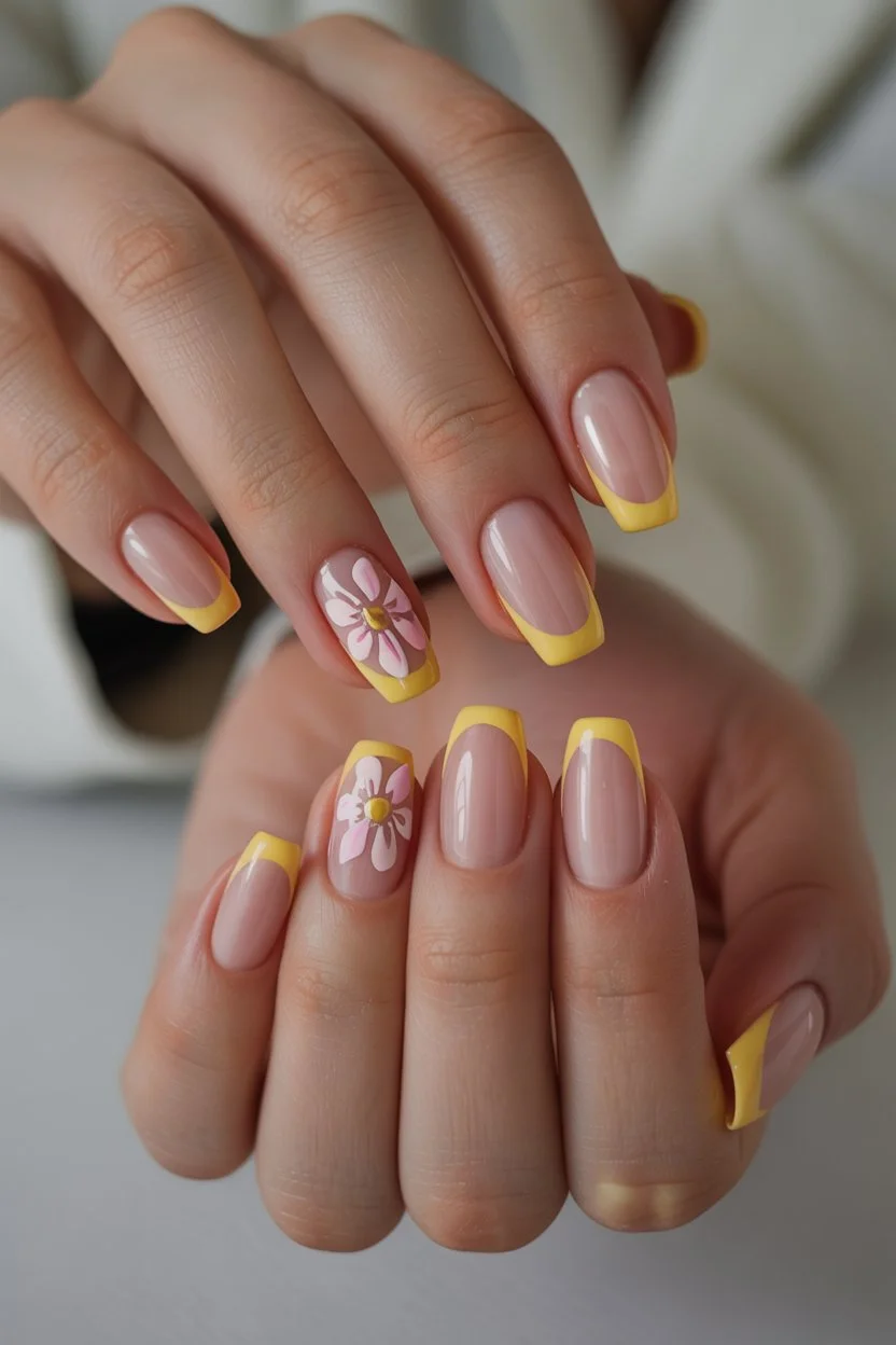 june nail colors butter yellow french tips with daisy details