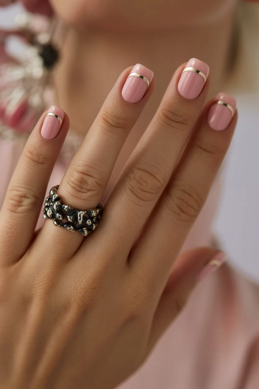 june nail colors soft pink nails with minimal gold french accents