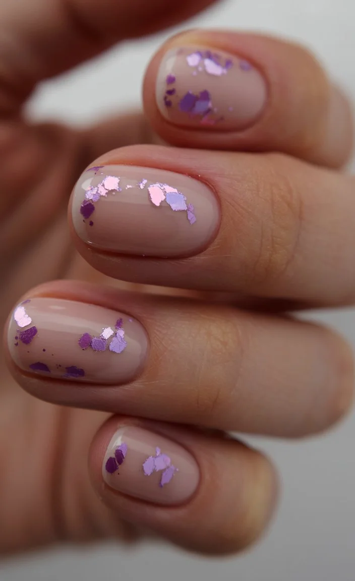 june nail colors lavender foil nails with soft nude base