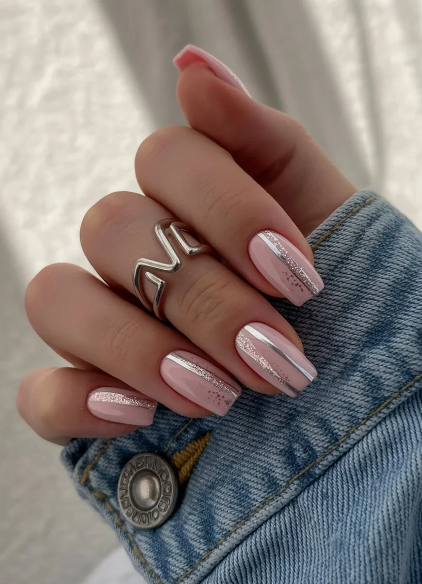 june nail colors blush pink nails with silver stripe details