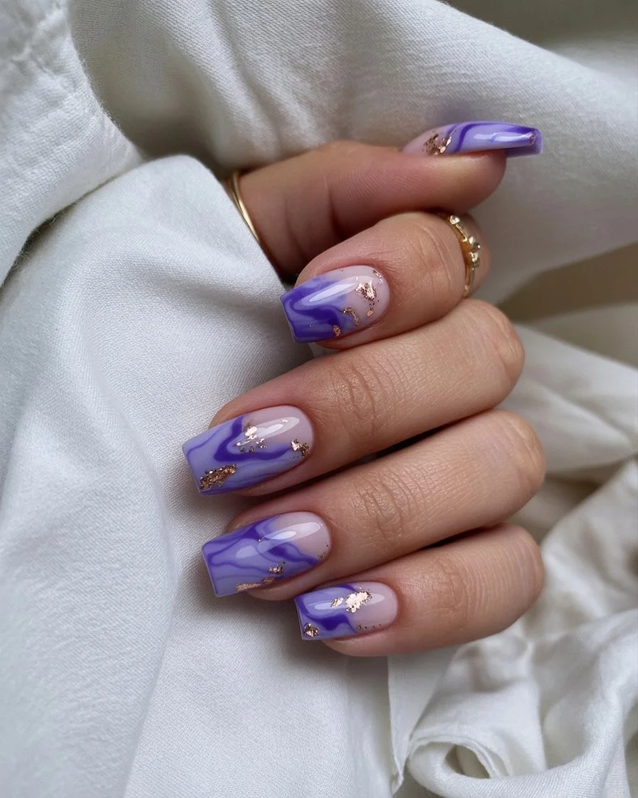 june nail colors lavender marble nails with gold foil accents