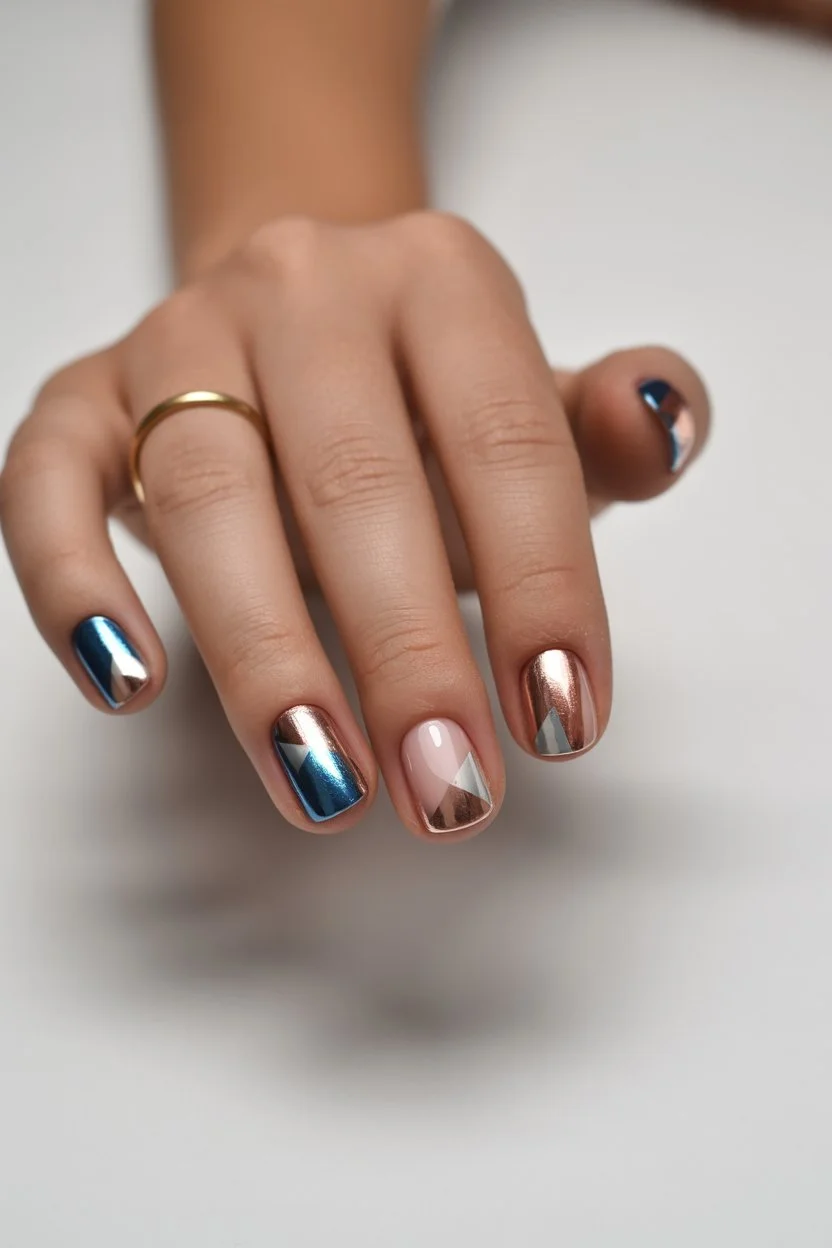 june nail colors metallic blue and rose chrome minimalist nails