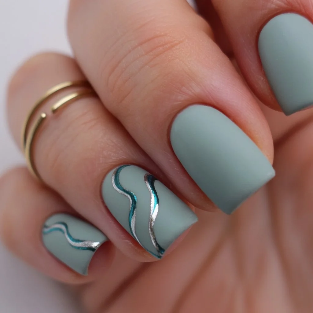 june nail colors matte sage nails with silver wave accents