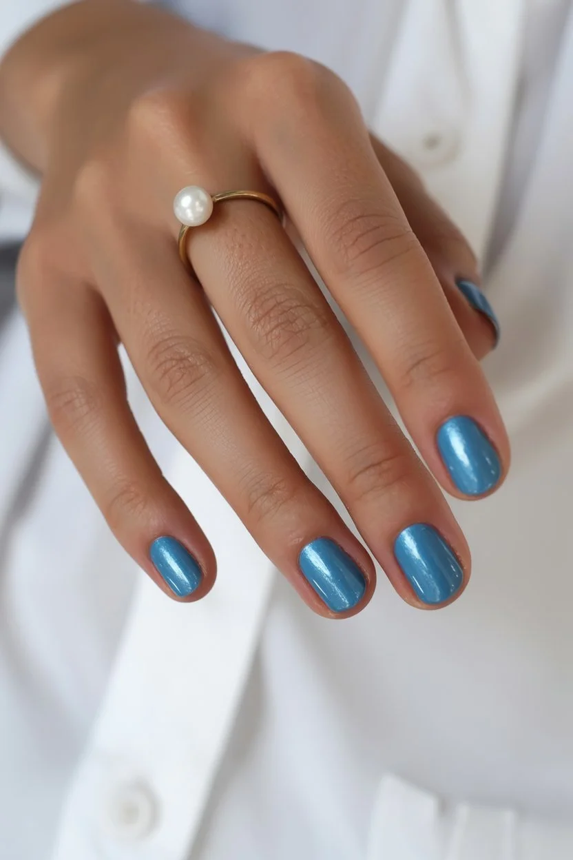 june nails 2026 Shimmering Ocean Blue Short Nails